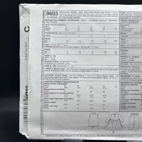 McCall's 9603 “Dress,Vest,Pull-On Pants & Hat” (2-3-4) Sewing Pattern Uncut FF - Picture 3 of 5